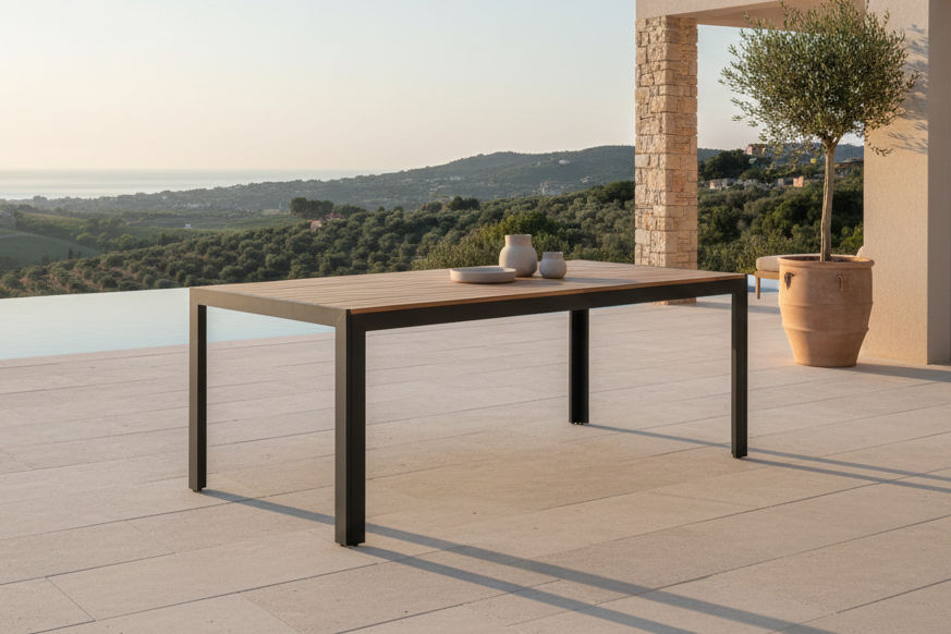 Tuintafel Uzuri - Rechthoekige eettafel van acaciahout en zwart metalen frame