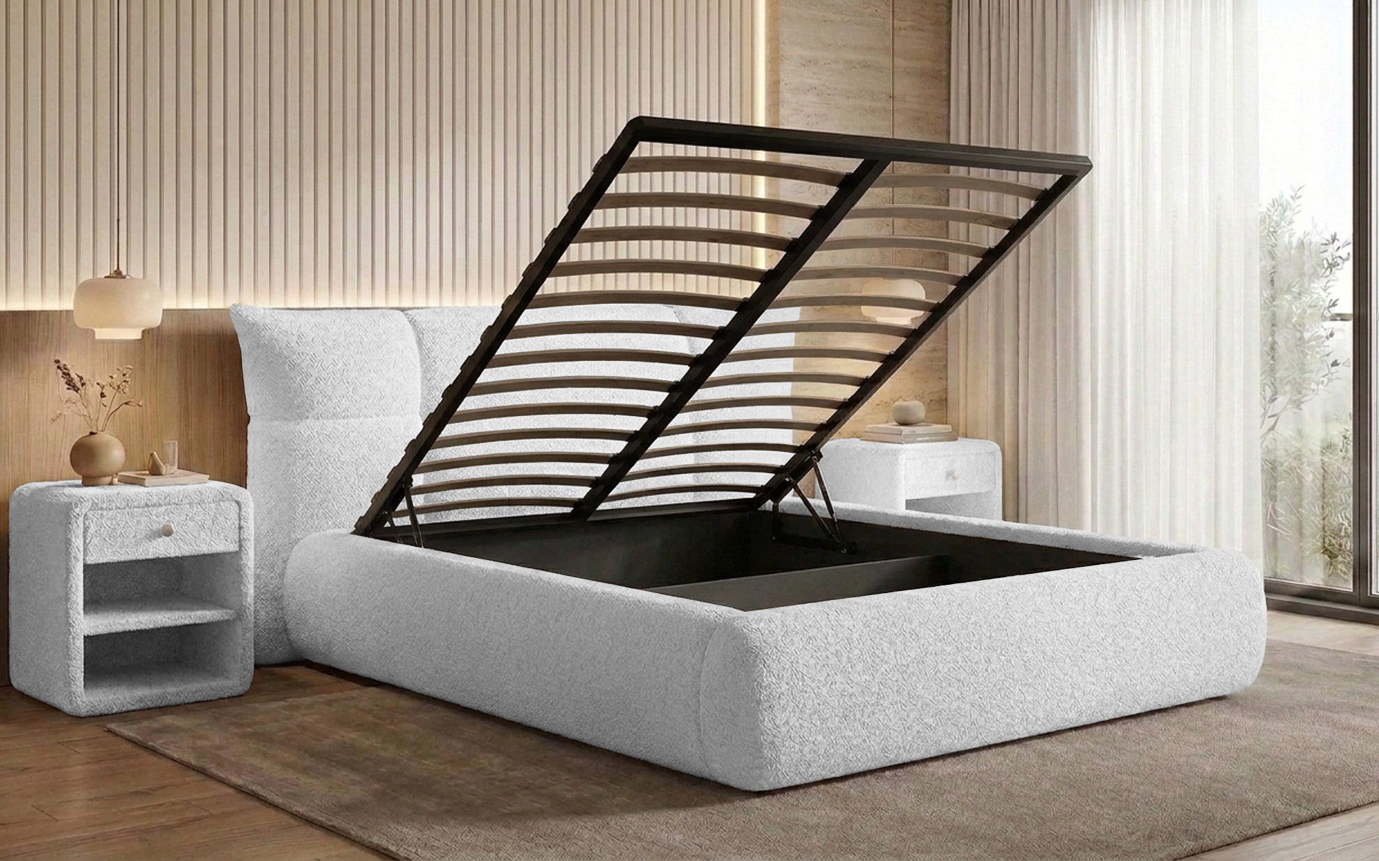 Lit rembourré design Gioia en Peluche Bouclé avec espace de rangement