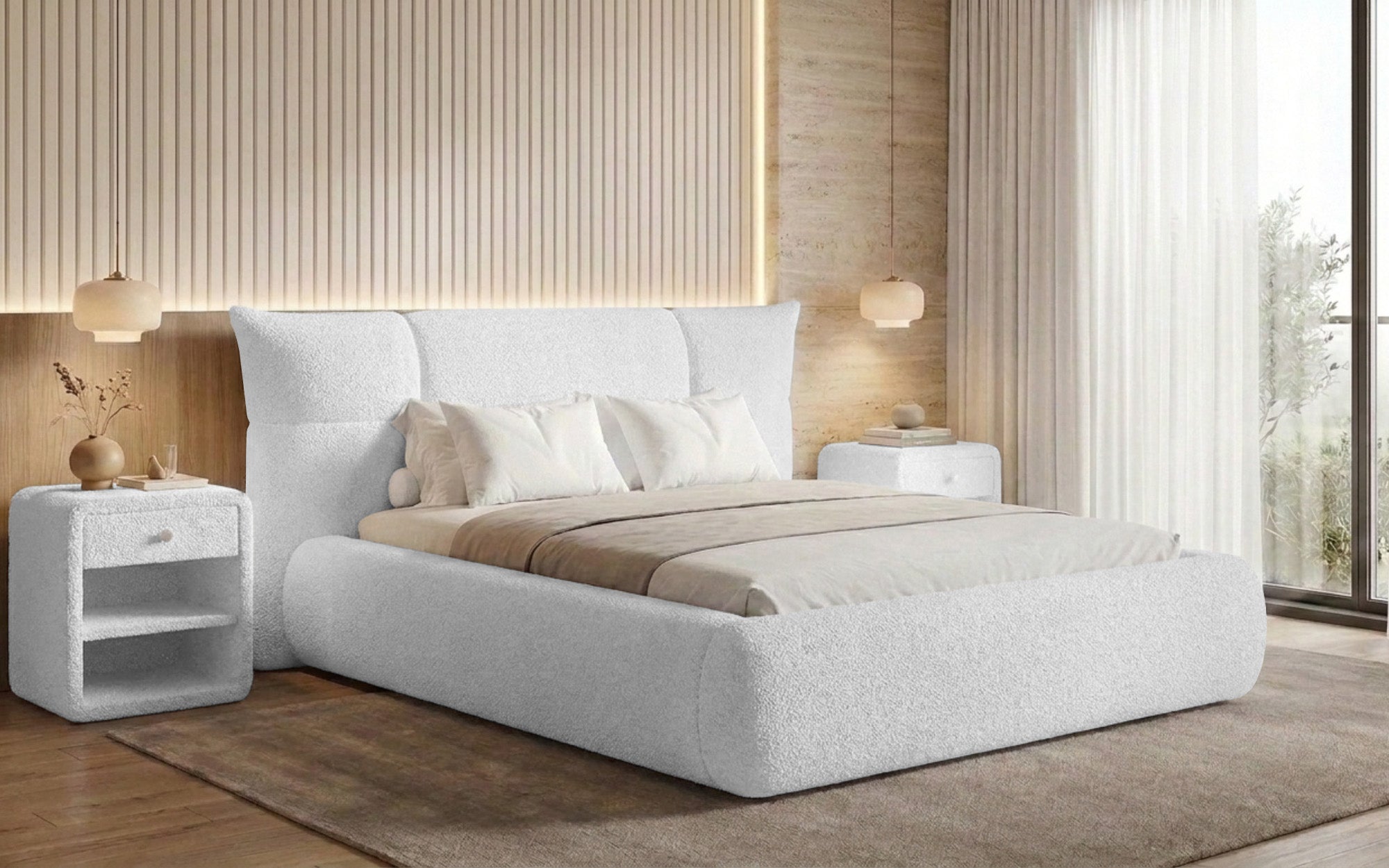 Lit rembourré design Gioia en Peluche Bouclé avec espace de rangement