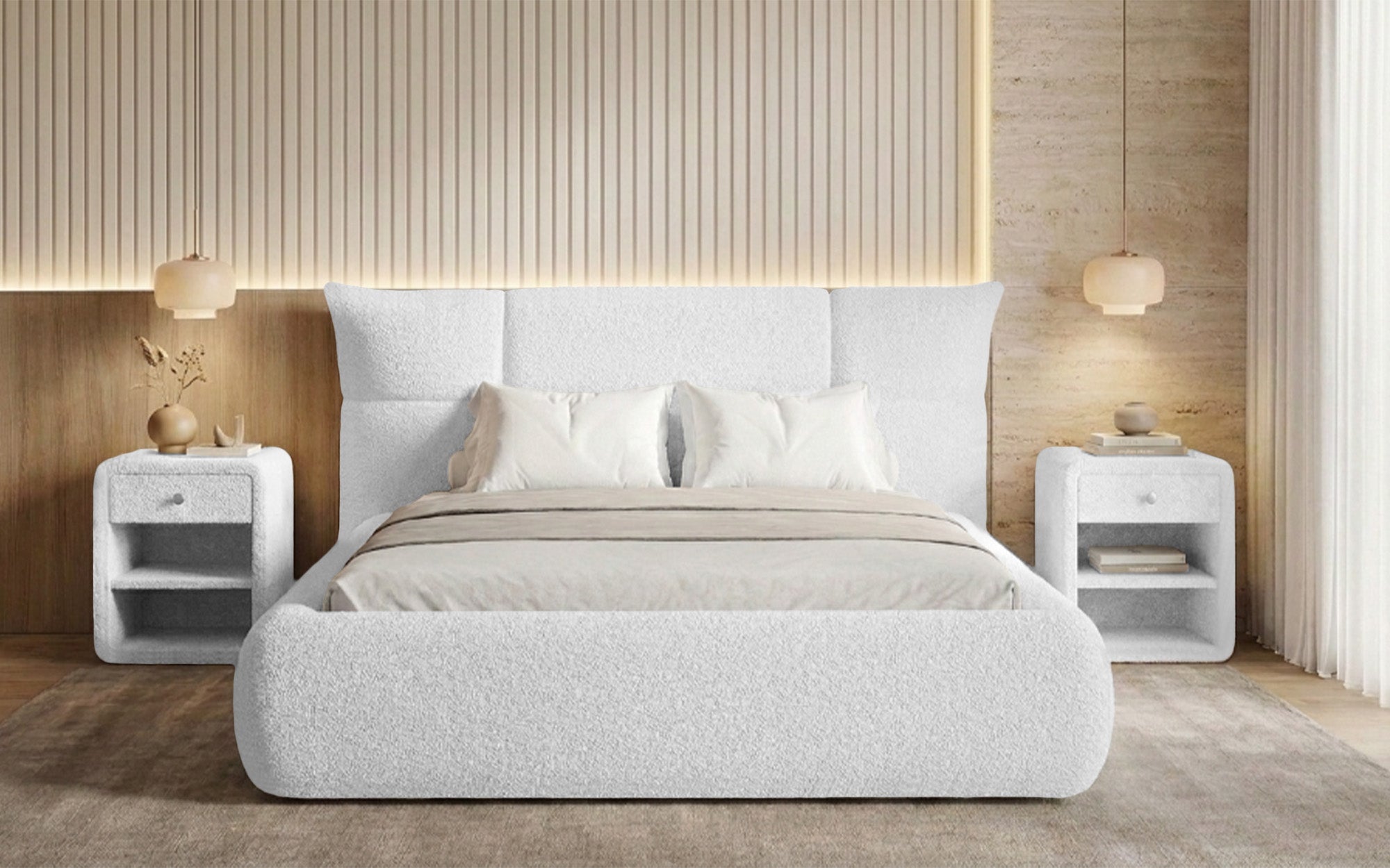 Lit rembourré design Gioia en Peluche Bouclé avec espace de rangement