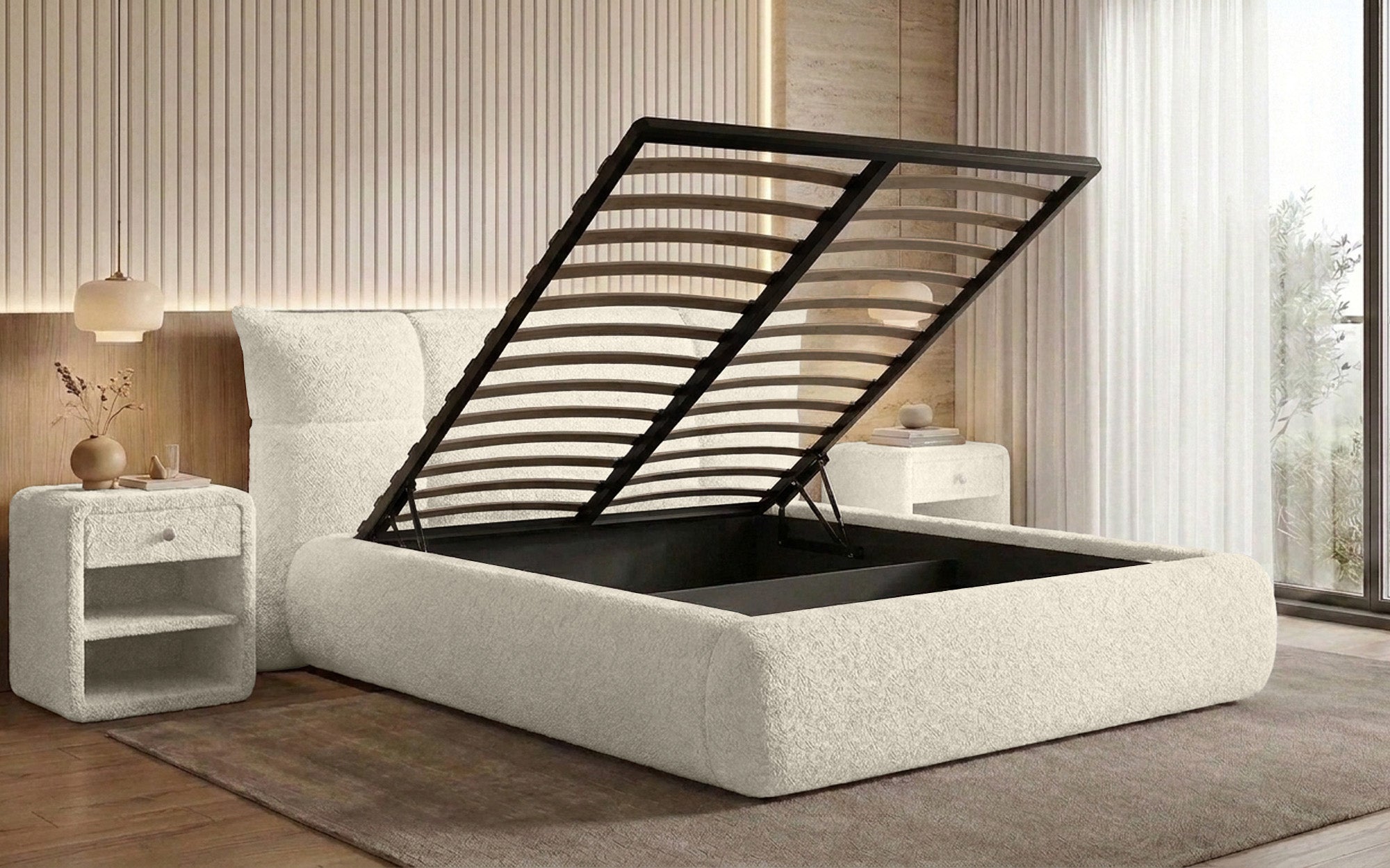 Lit rembourré design Gioia en Peluche Bouclé avec espace de rangement