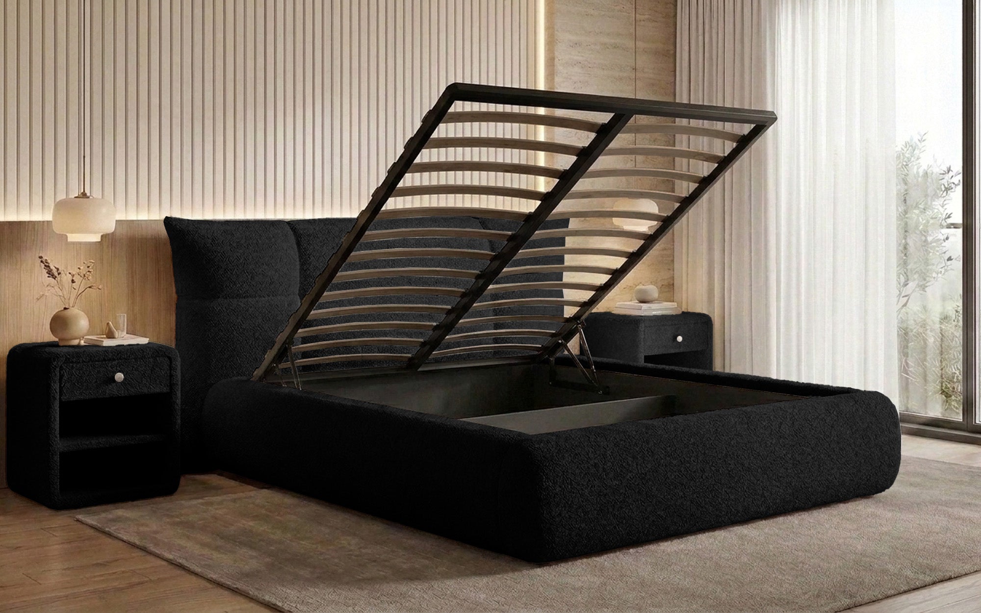 Lit rembourré design Gioia en Peluche Bouclé avec espace de rangement