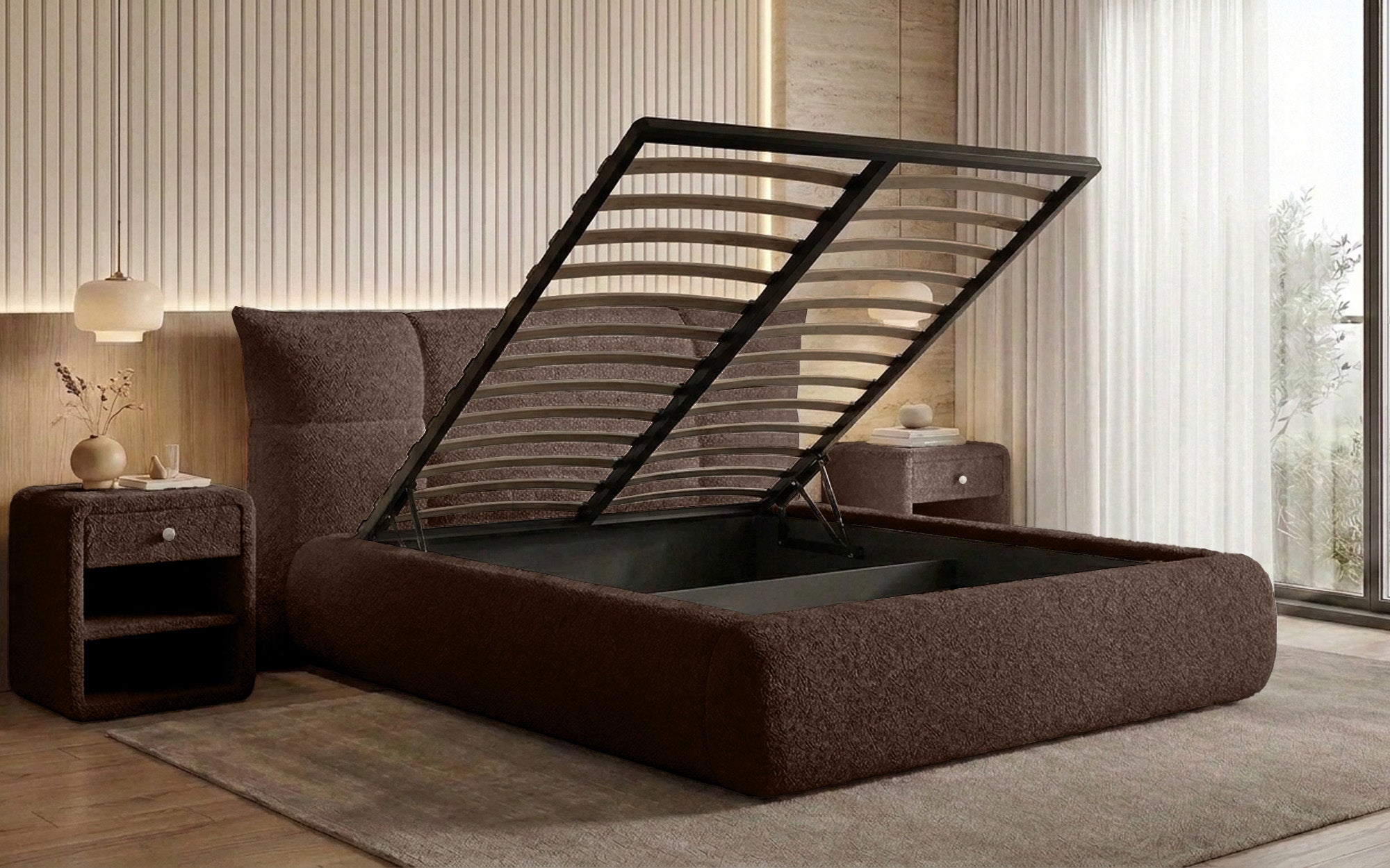 Lit rembourré design Gioia en Peluche Bouclé avec espace de rangement