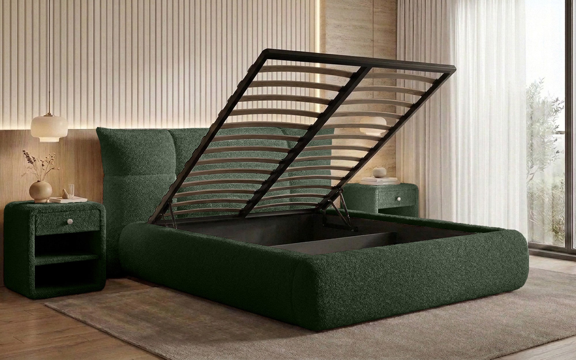 Lit rembourré design Gioia en Peluche Bouclé avec espace de rangement