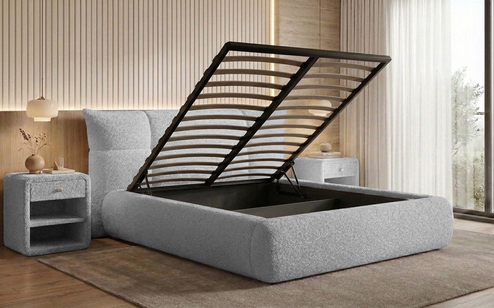 Lit rembourré design Gioia en Peluche Bouclé avec espace de rangement