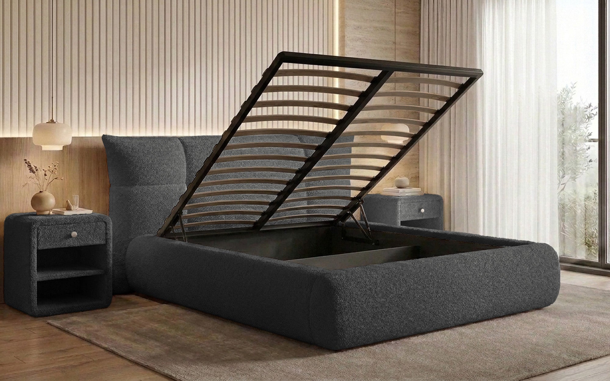 Lit rembourré design Gioia en Peluche Bouclé avec espace de rangement