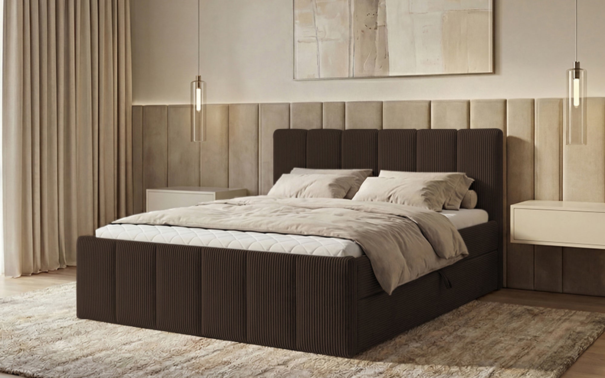 Boxspringbed Siena met opklapbare bergruimte in Ribstof