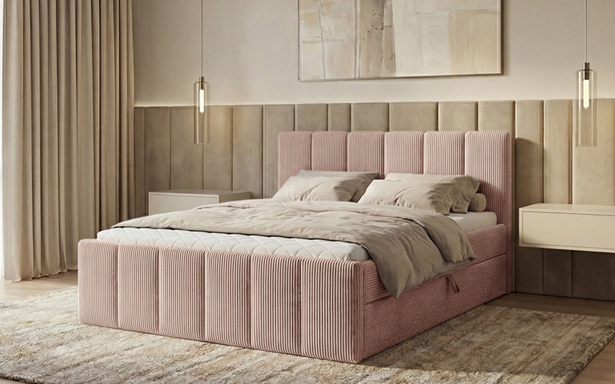 Boxspringbed Siena met opklapbare bergruimte in Ribstof