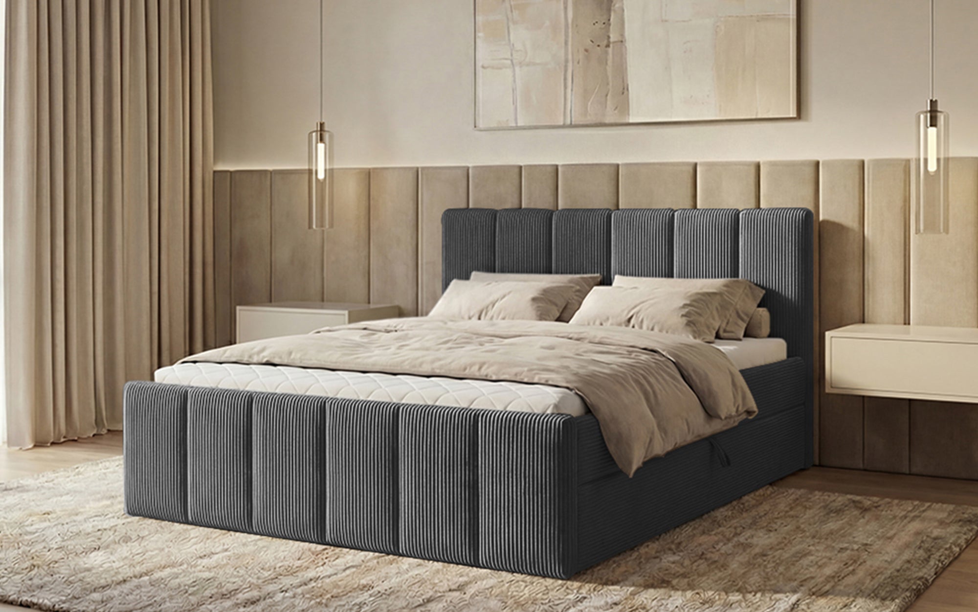 Boxspringbed Siena met opklapbare bergruimte in Ribstof