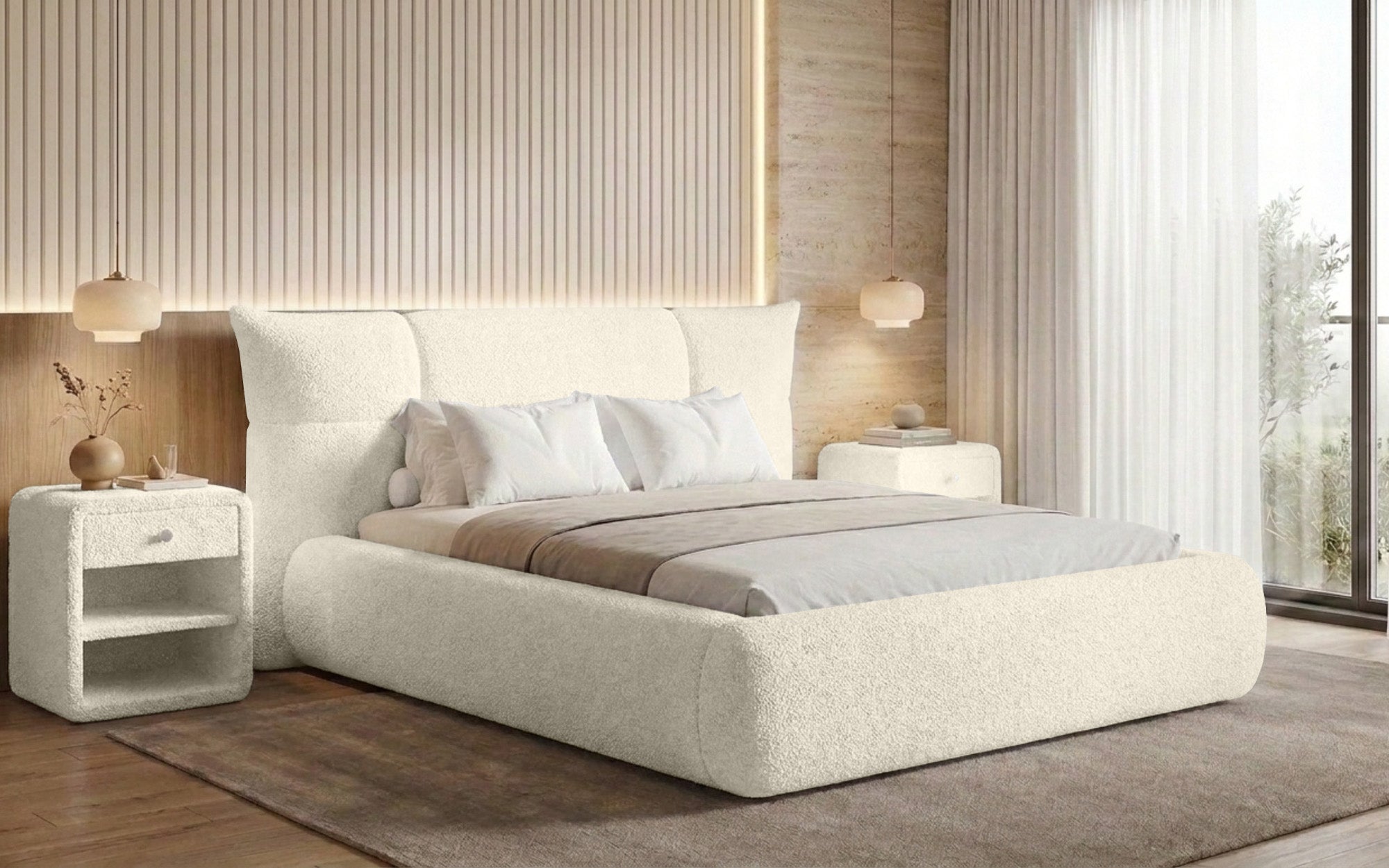 Lit rembourré design Gioia en Peluche Bouclé avec espace de rangement