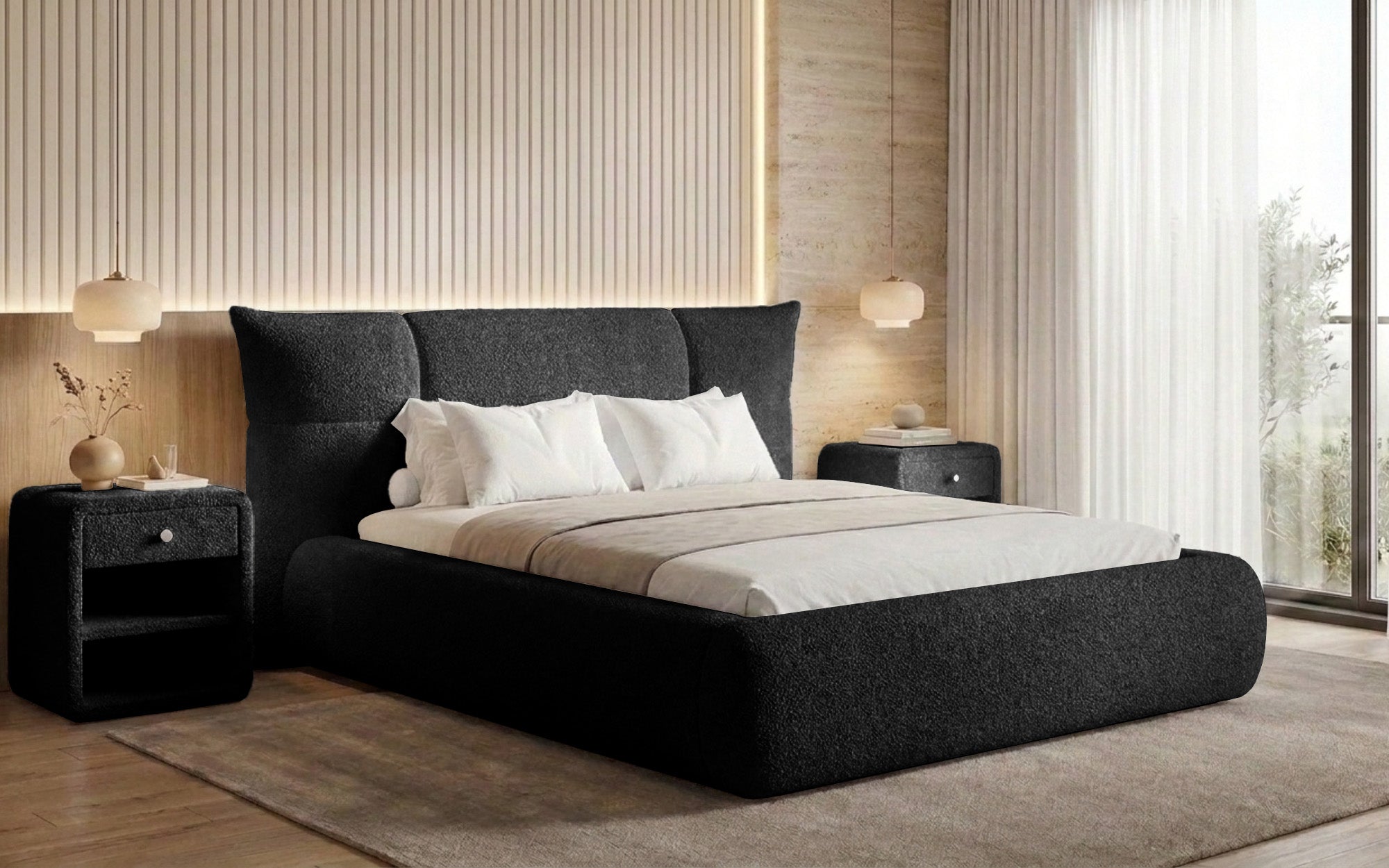 Lit rembourré design Gioia en Peluche Bouclé avec espace de rangement