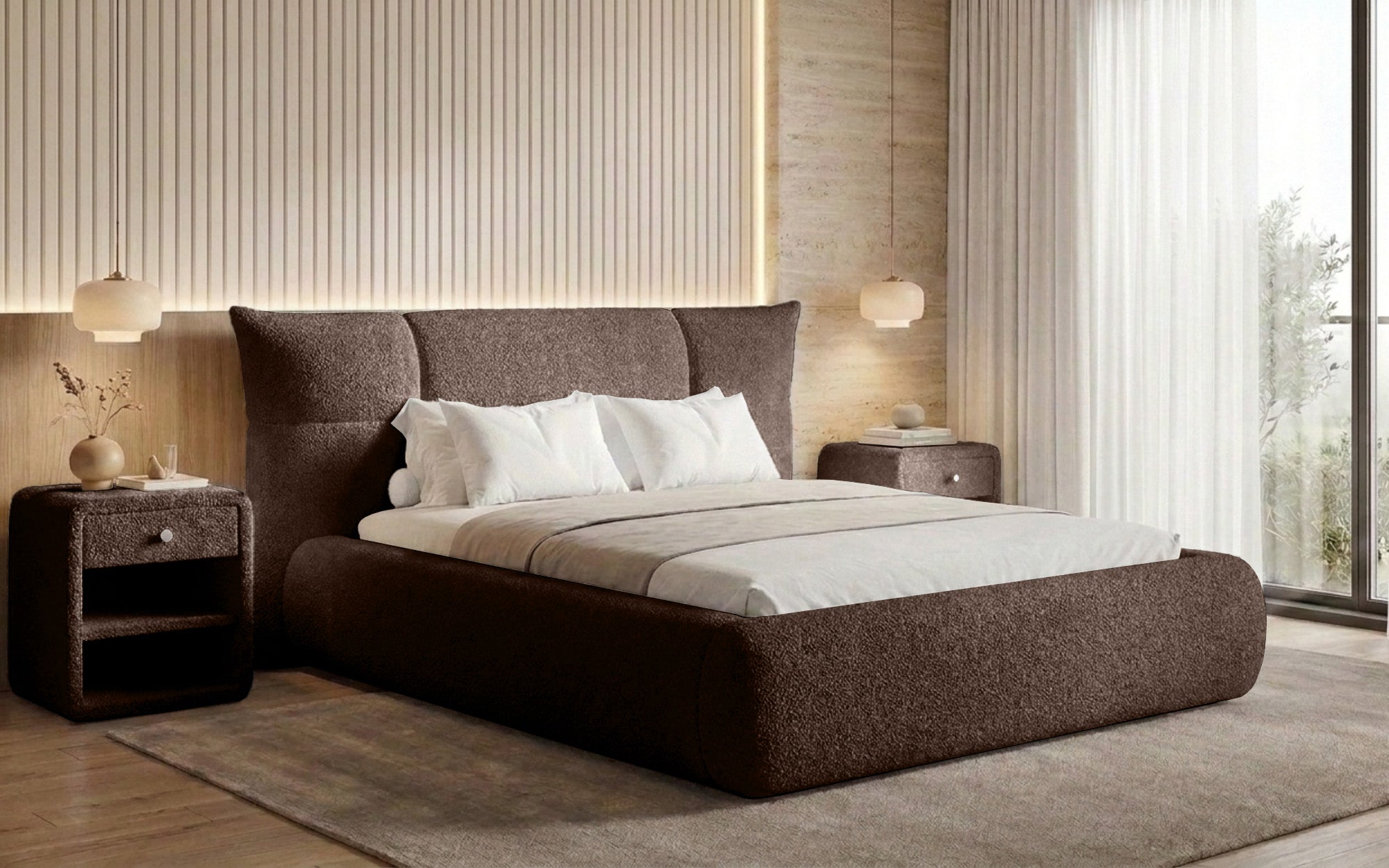 Lit rembourré design Gioia en Peluche Bouclé avec espace de rangement