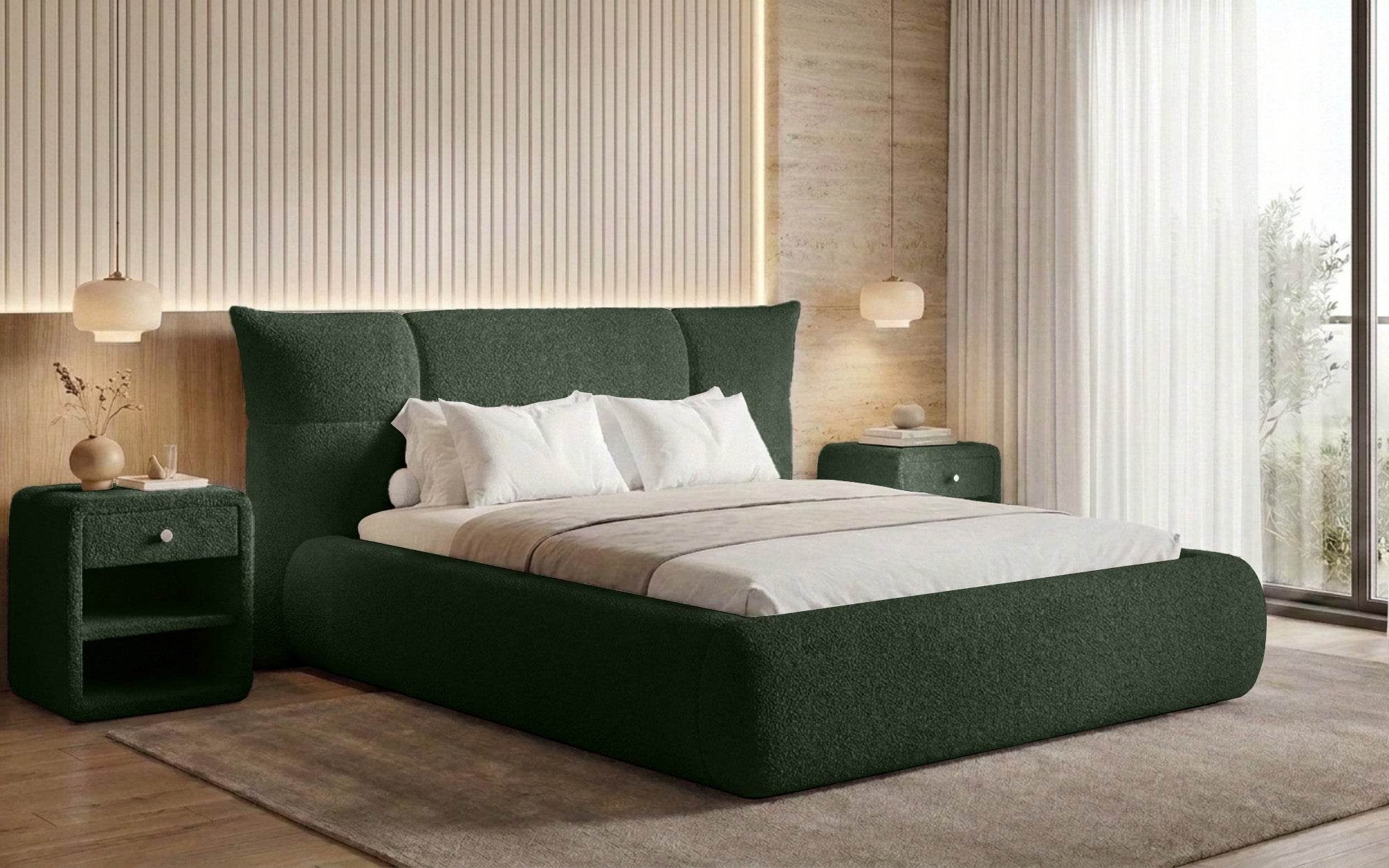 Lit rembourré design Gioia en Peluche Bouclé avec espace de rangement
