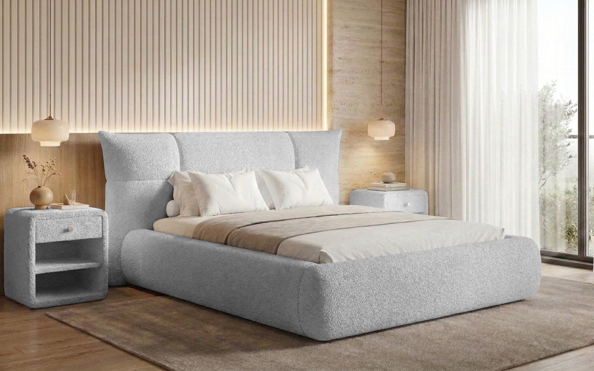 Lit rembourré design Gioia en Peluche Bouclé avec espace de rangement
