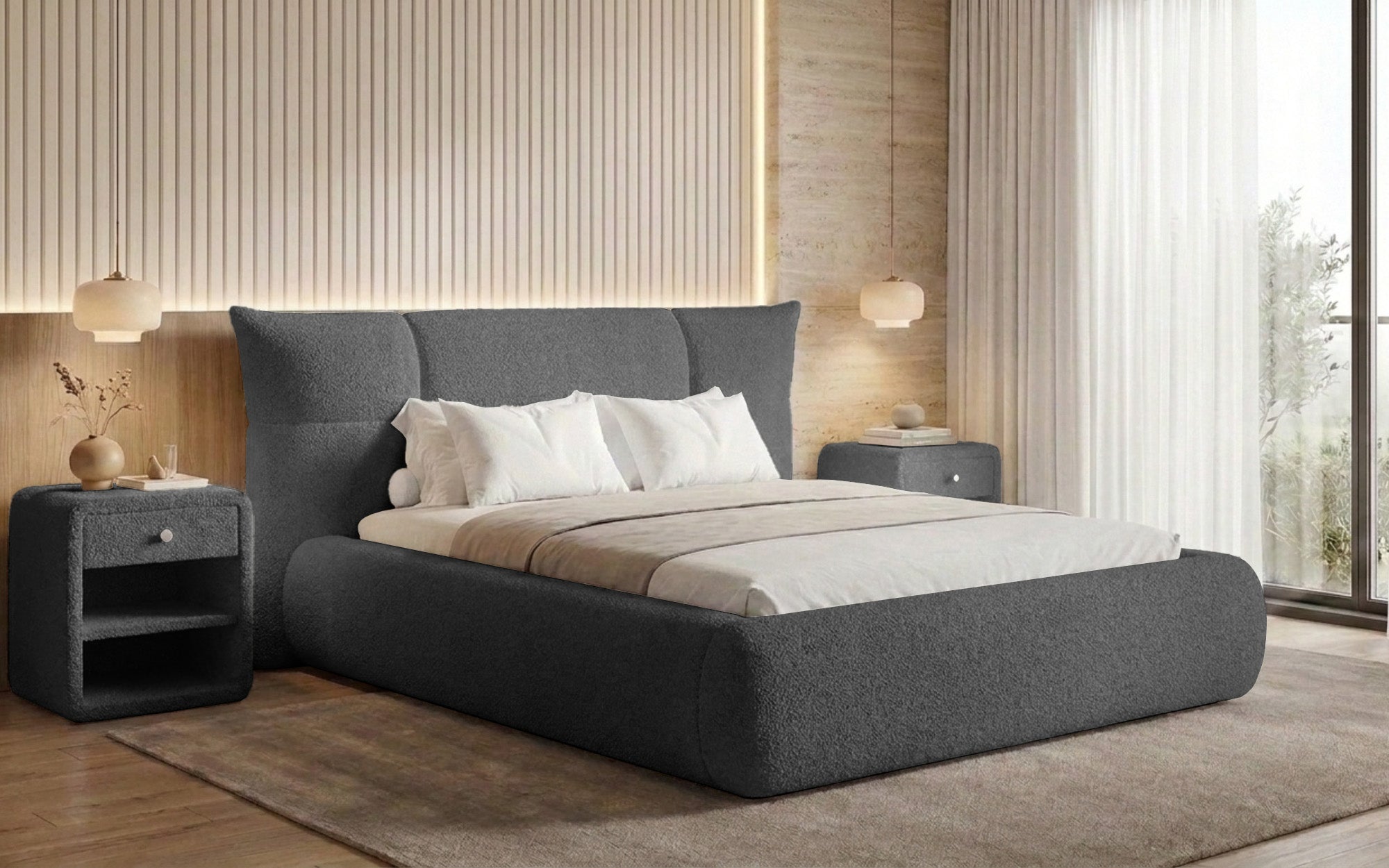 Lit rembourré design Gioia en Peluche Bouclé avec espace de rangement