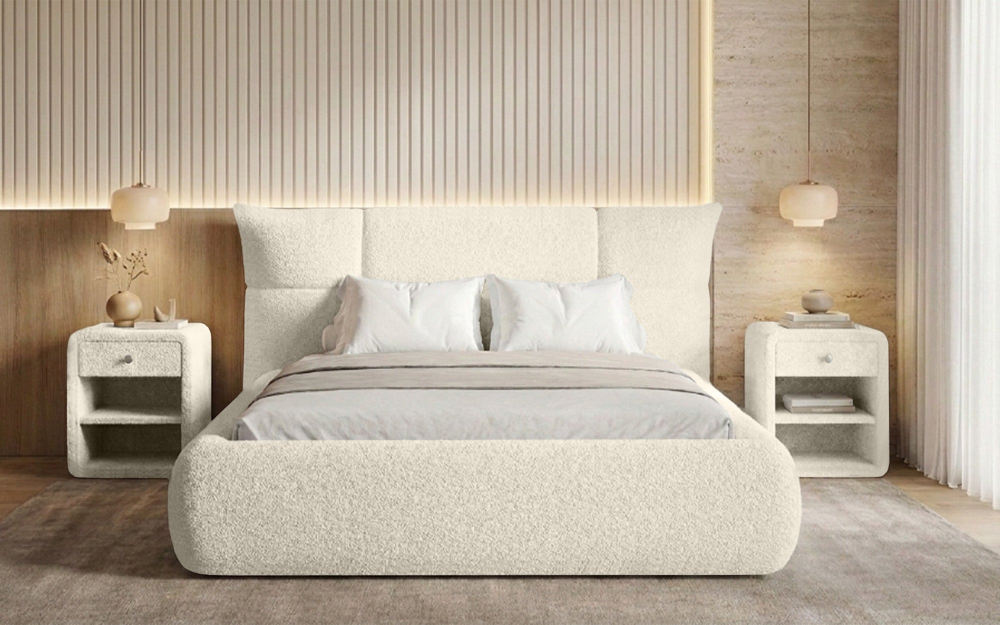 Lit rembourré design Gioia en Peluche Bouclé avec espace de rangement