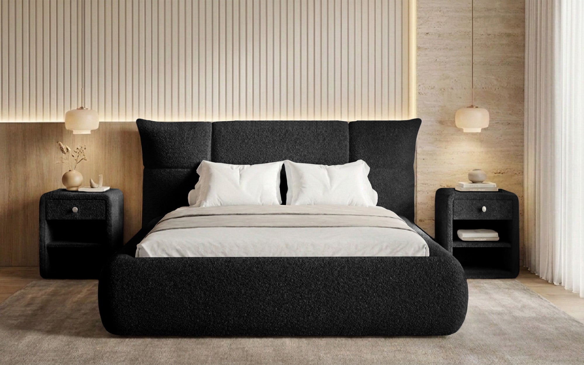 Lit rembourré design Gioia en Peluche Bouclé avec espace de rangement