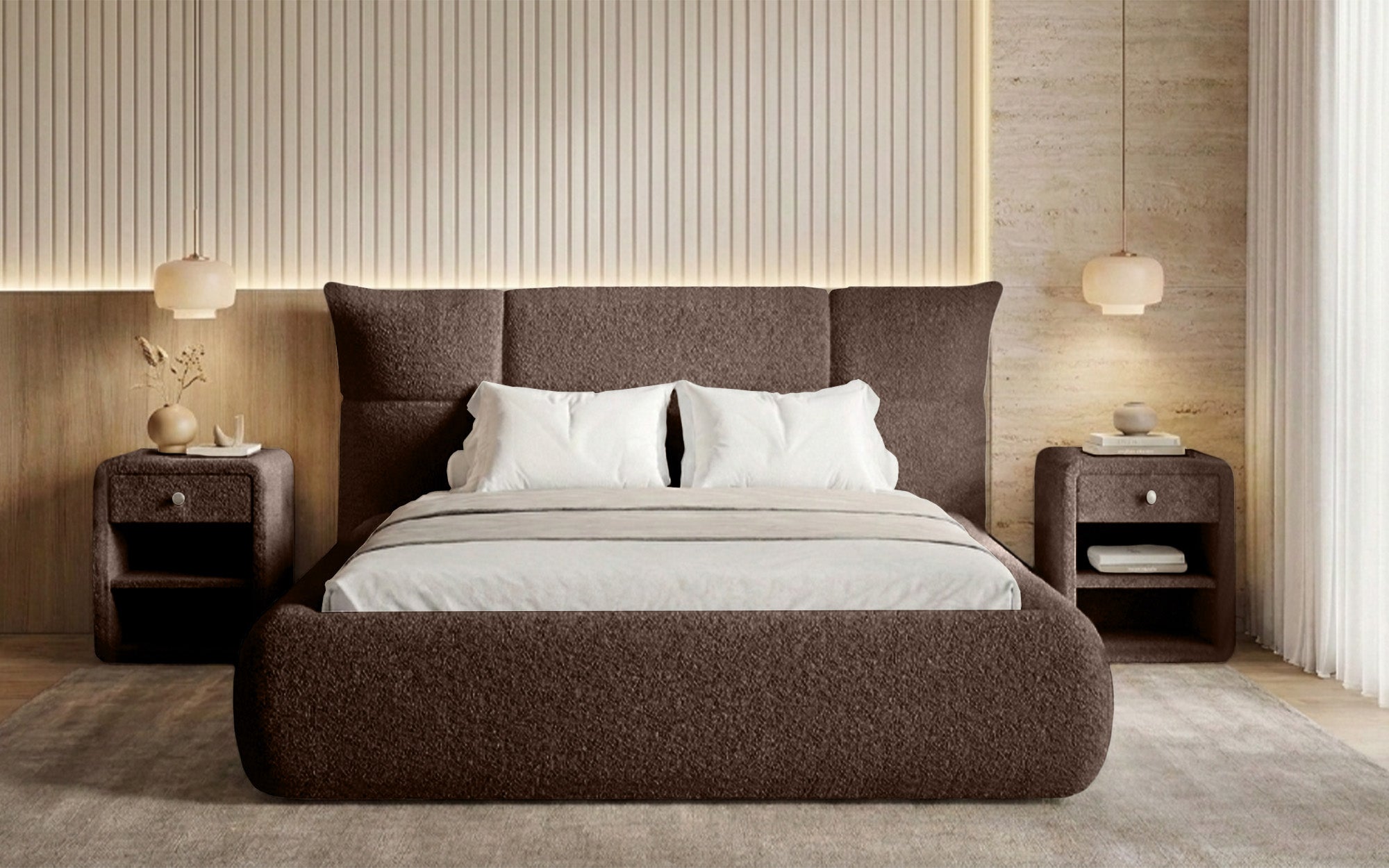 Lit rembourré design Gioia en Peluche Bouclé avec espace de rangement