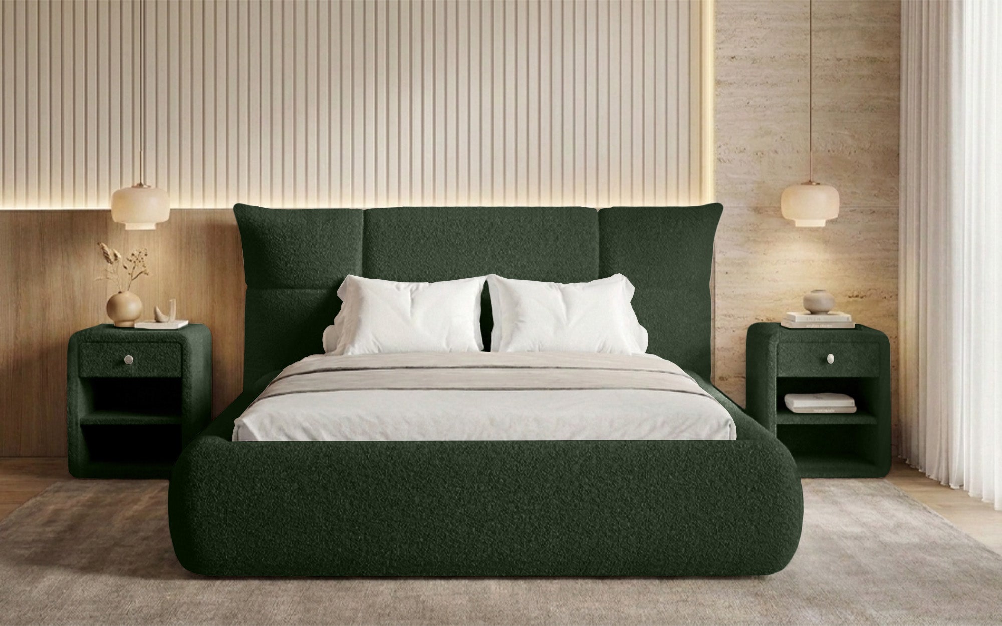 Lit rembourré design Gioia en Peluche Bouclé avec espace de rangement