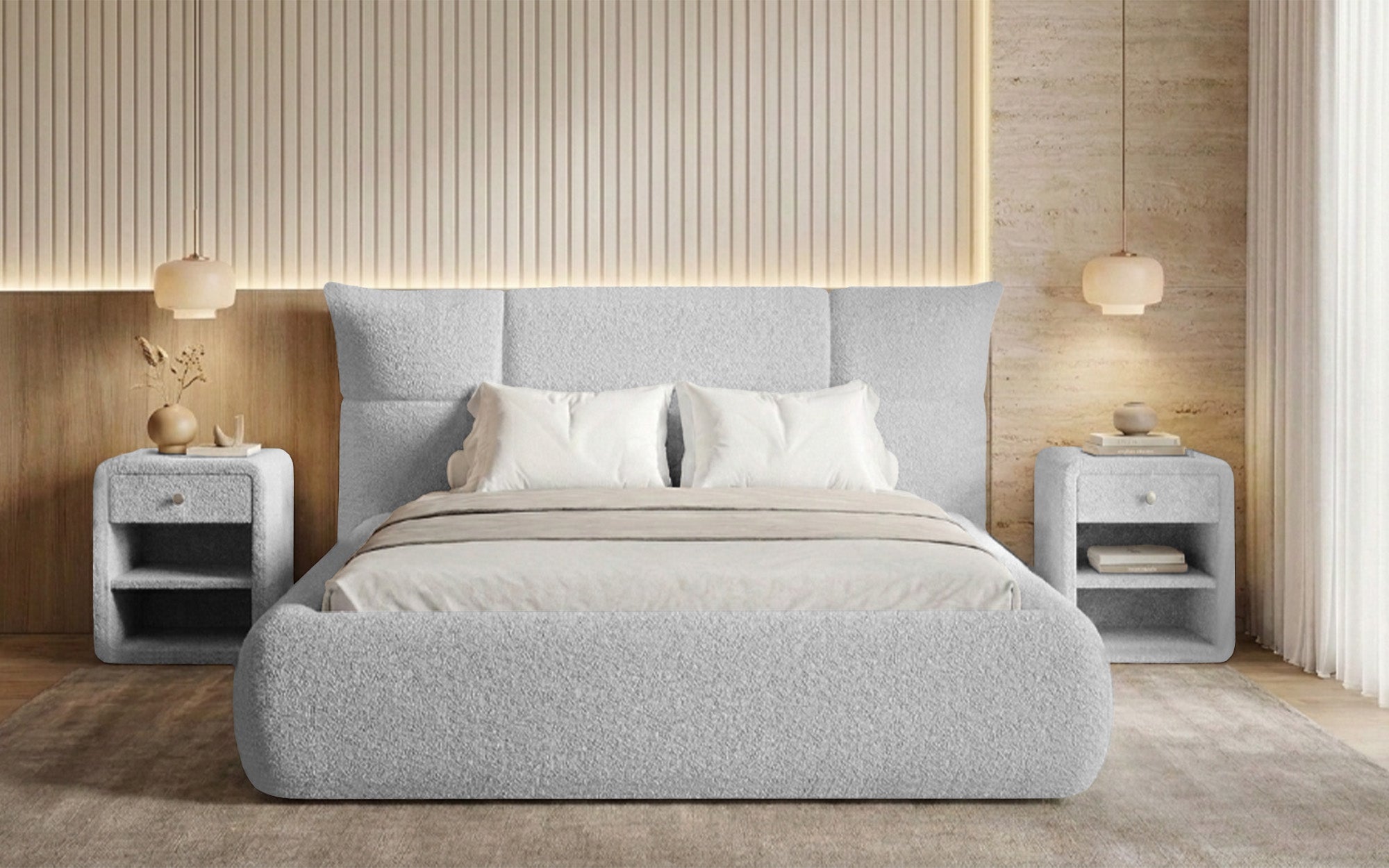 Lit rembourré design Gioia en Peluche Bouclé avec espace de rangement