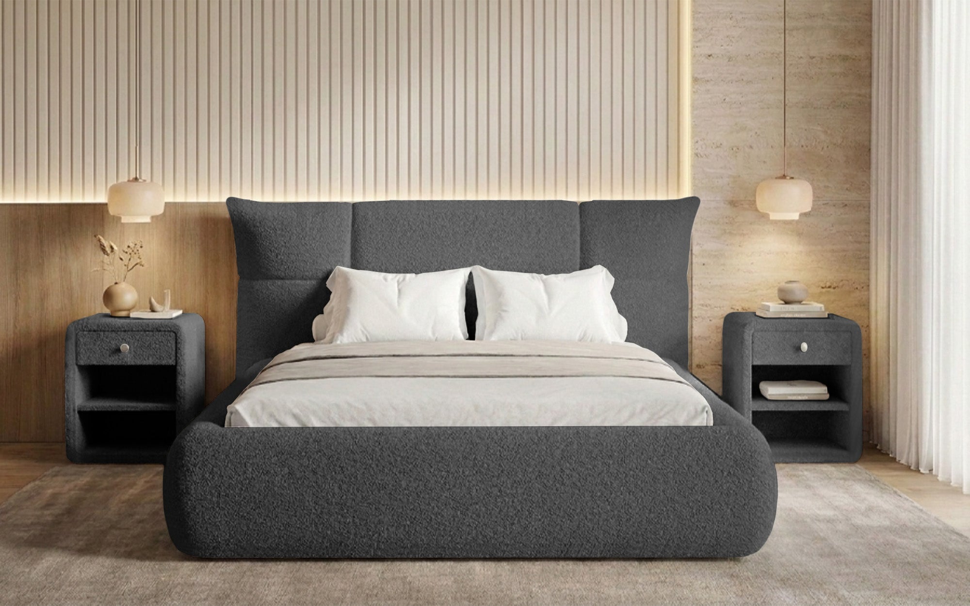 Lit rembourré design Gioia en Peluche Bouclé avec espace de rangement