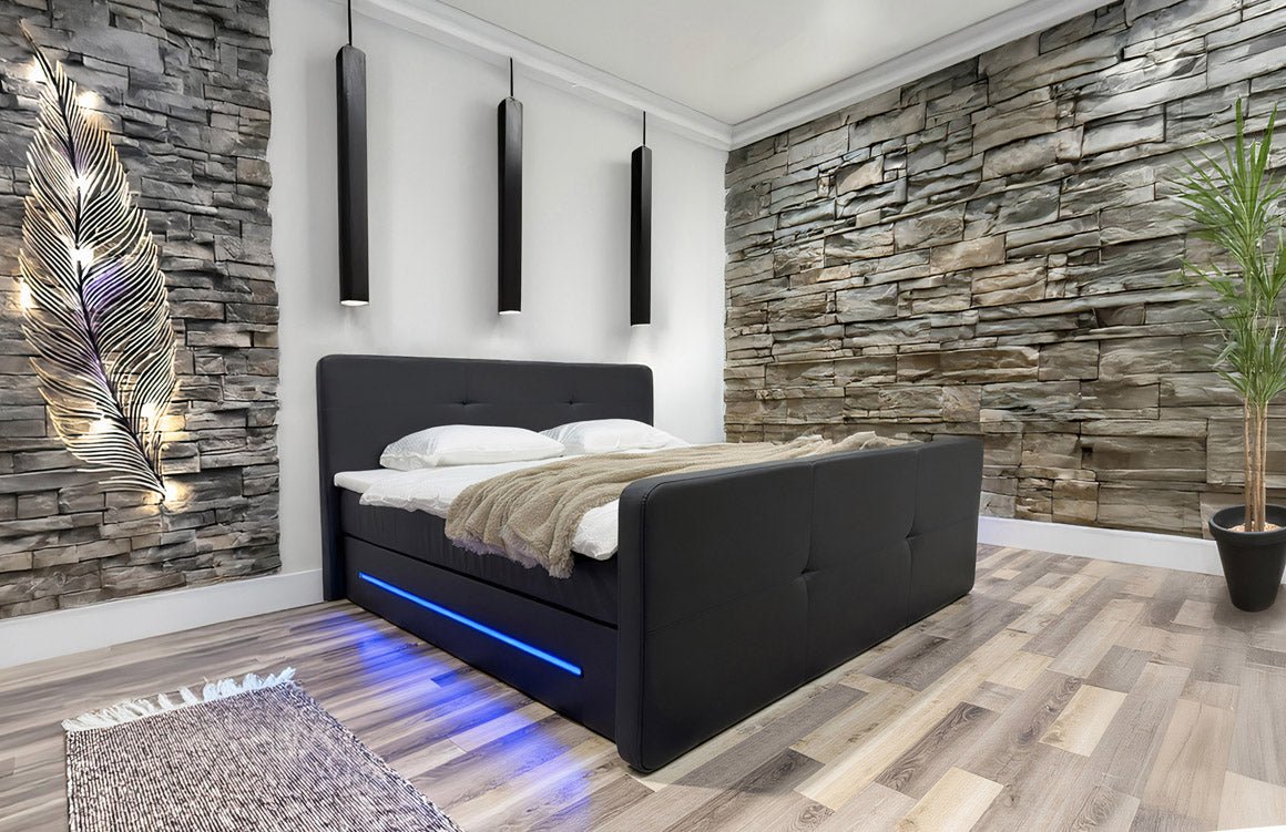 OUTLET - Boxspringbed Oakland met LED kunstleer / 180x200 / Zwart / H3