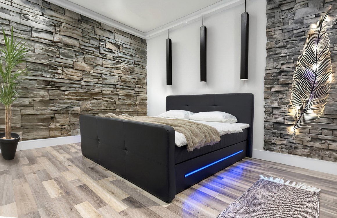 OUTLET - Boxspringbed Oakland met LED kunstleer / 180x200 / Zwart / H3