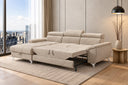 Ecksofa Luno in Strukturstoff Beige, Ottomane links – ausgezogene Schlaffunktion