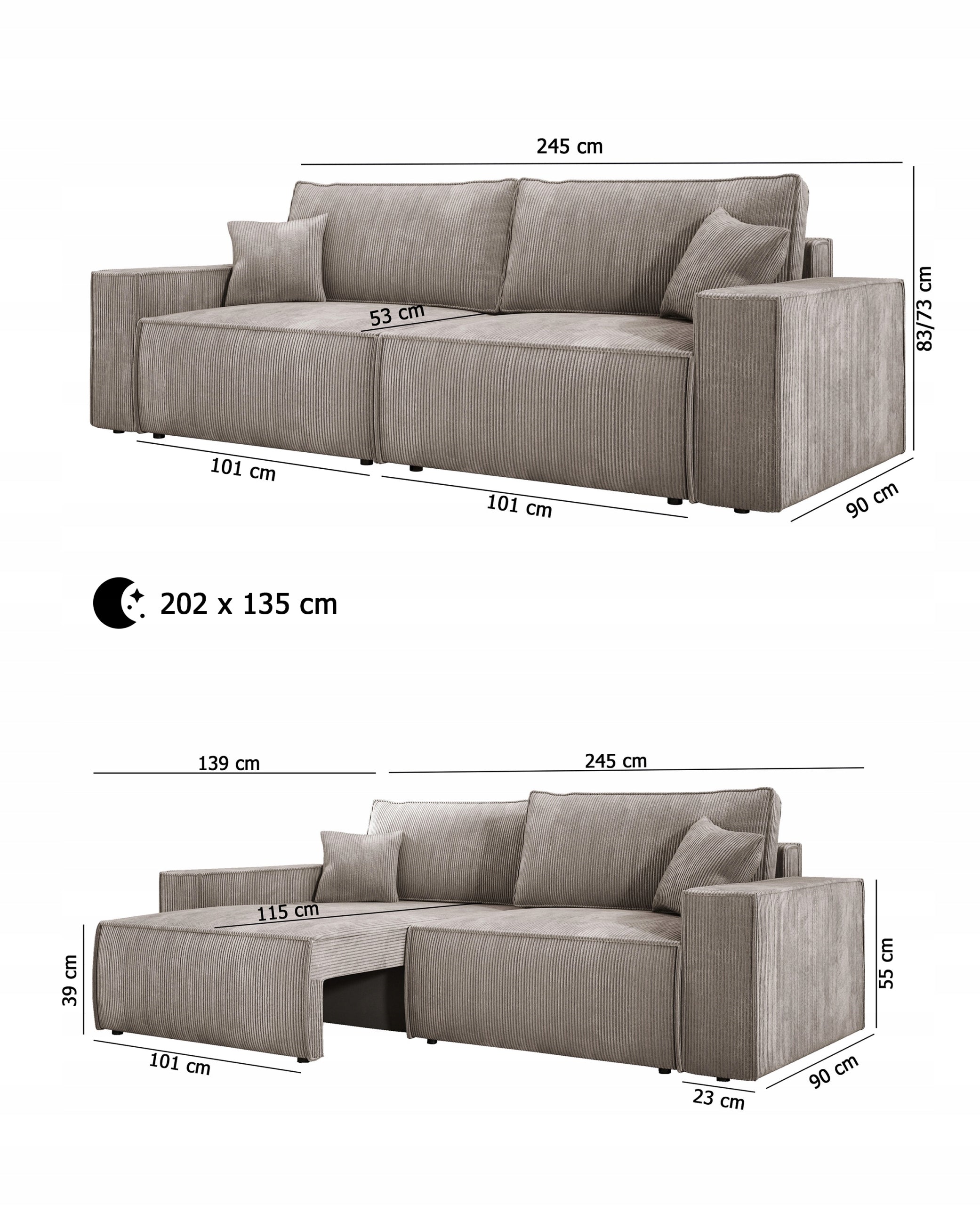 Canapé designer Velanova 3 places Côtelé avec fonction couchage et rabattable