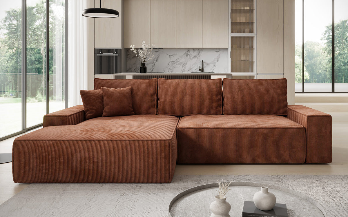Designer Ecksofa Verona mit breiter Ottomane mit Schlaf- und Klappfunktion in Cord