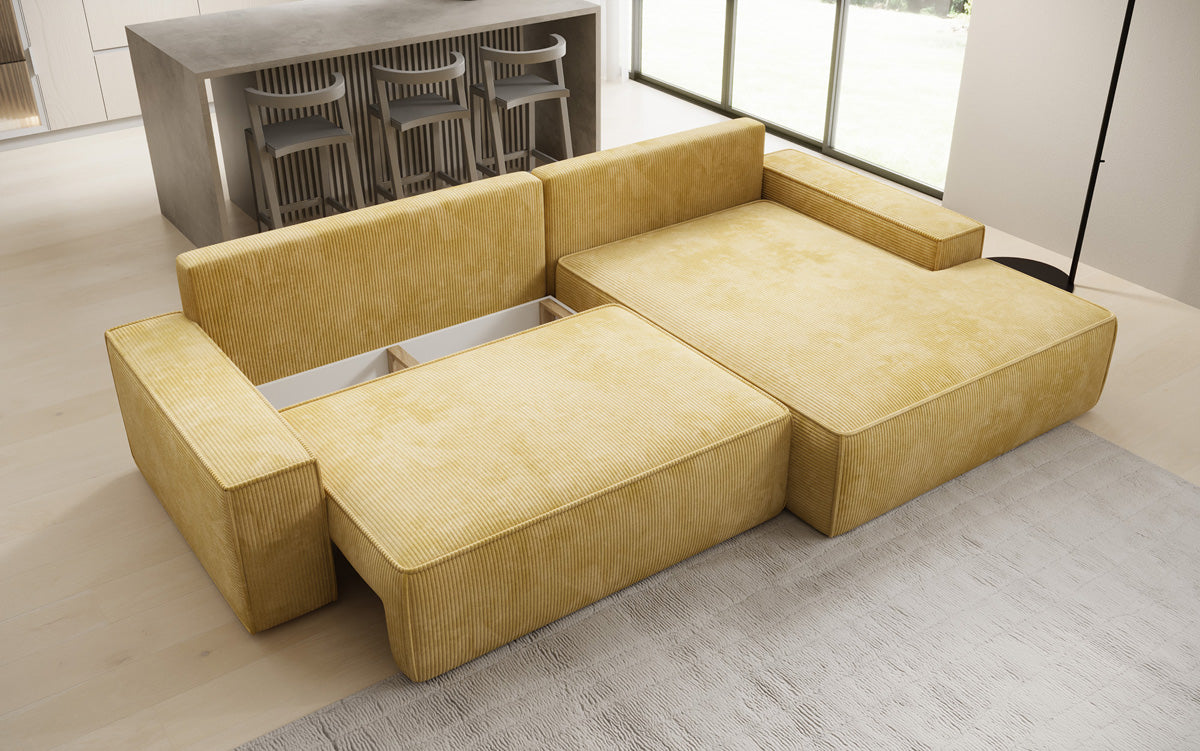 Designer Ecksofa Verona mit breiter Ottomane mit Schlaf- und Klappfunktion in Cord