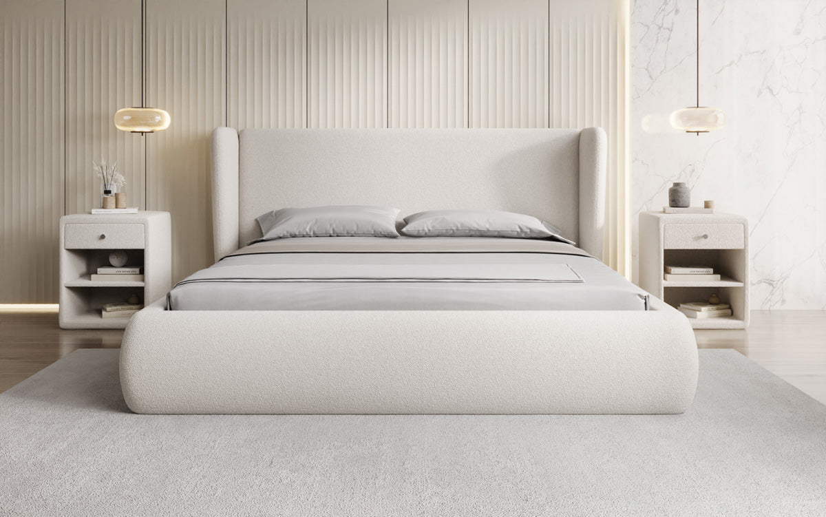 Designer gestoffeerd bed Rosalie in Teddystof Bouclé met opbergruimte