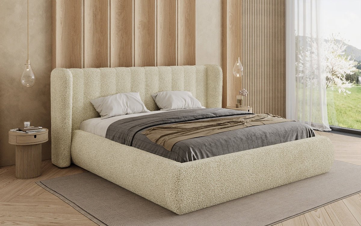 Lit rembourré design Valentina Bouclé avec coffre de rangement