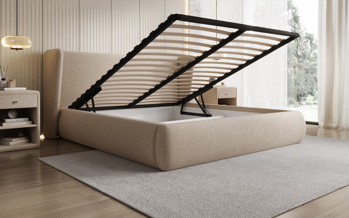 Designer gestoffeerd bed Rosalie in Teddystof Bouclé met opbergruimte