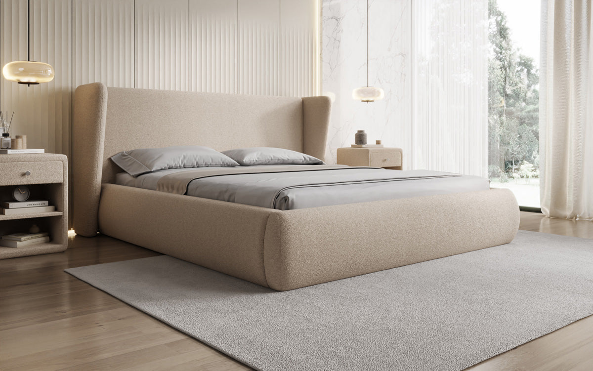 Designer gestoffeerd bed Rosalie in Teddystof Bouclé met opbergruimte
