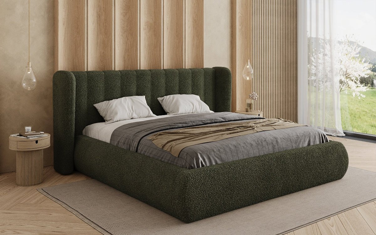 Lit rembourré design Valentina Bouclé avec coffre de rangement