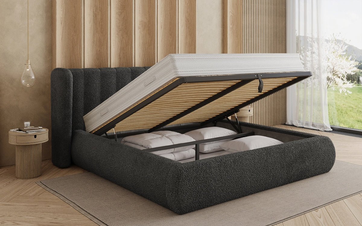 Lit rembourré design Valentina Bouclé avec coffre de rangement