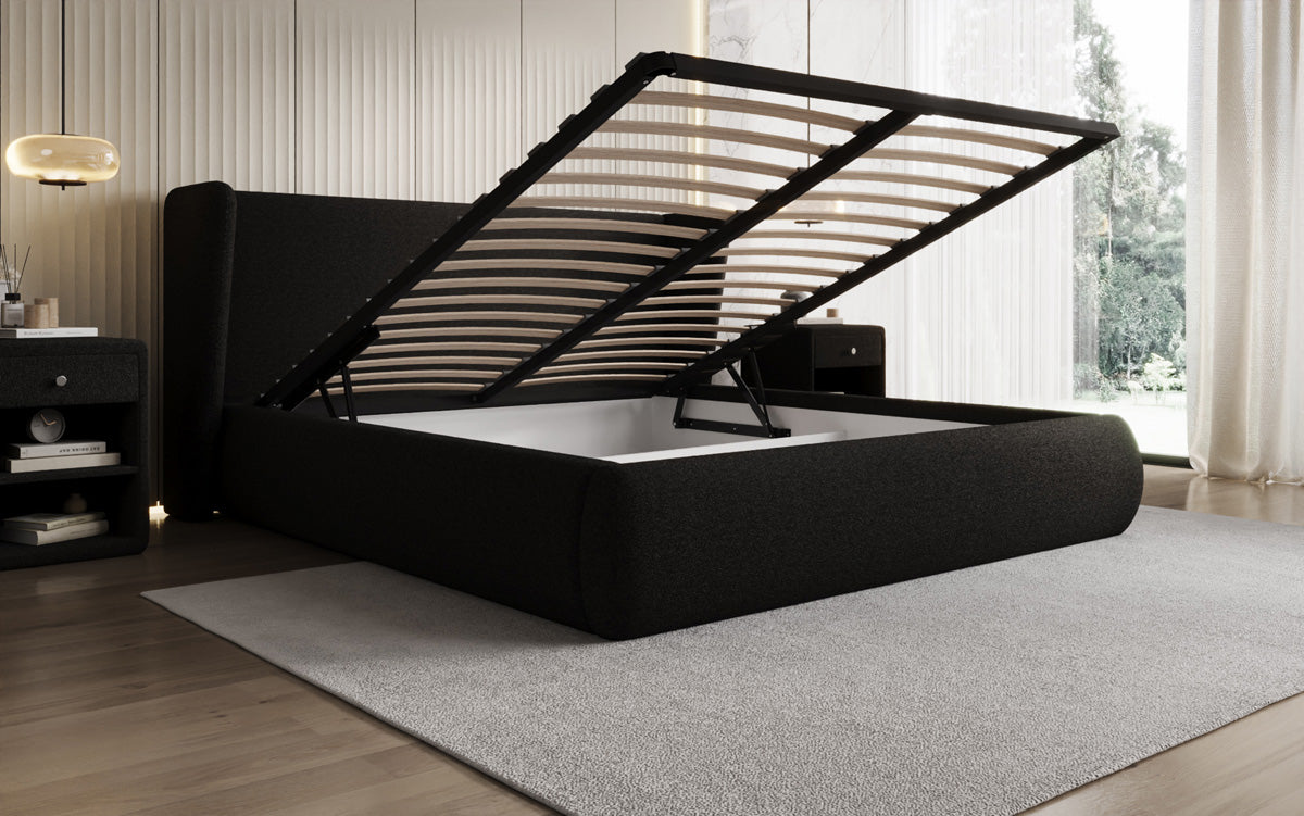 Designer gestoffeerd bed Rosalie in Teddystof Bouclé met opbergruimte