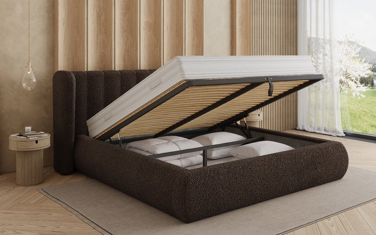 Lit rembourré design Valentina Bouclé avec coffre de rangement