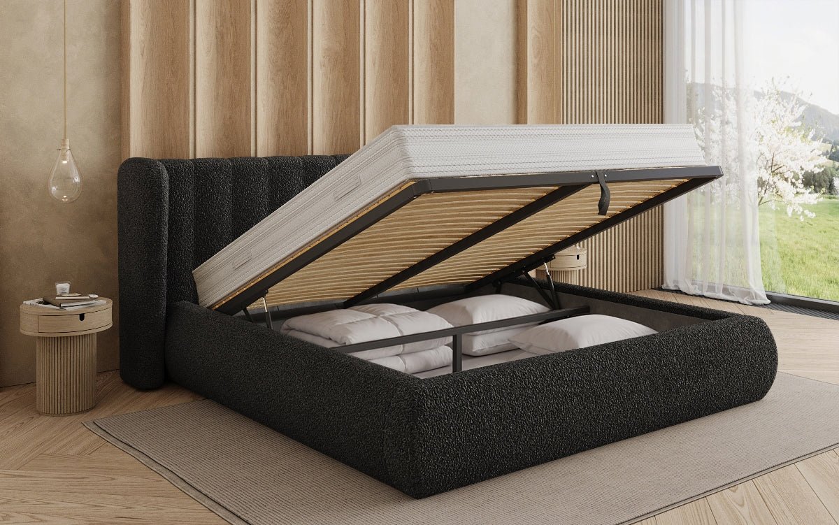Lit rembourré design Valentina Bouclé avec coffre de rangement