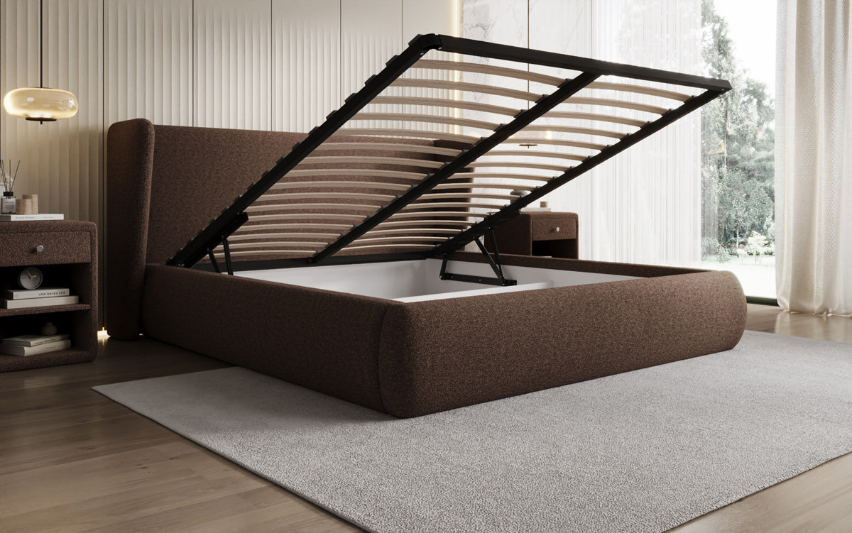 Designer gestoffeerd bed Rosalie in Teddystof Bouclé met opbergruimte