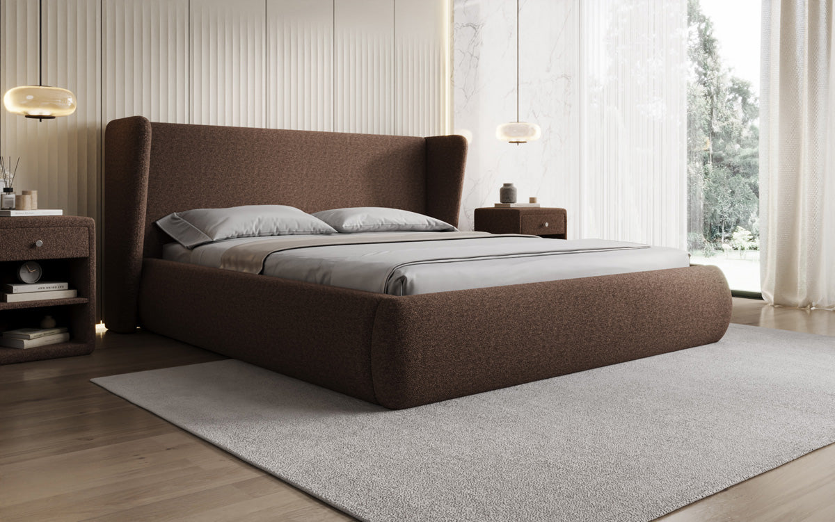 Designer gestoffeerd bed Rosalie in Teddystof Bouclé met opbergruimte