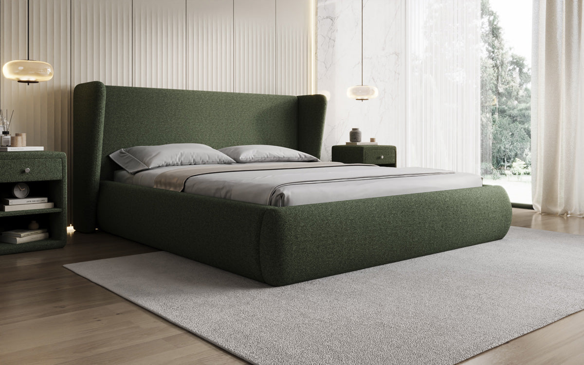 Designer gestoffeerd bed Rosalie in Teddystof Bouclé met opbergruimte