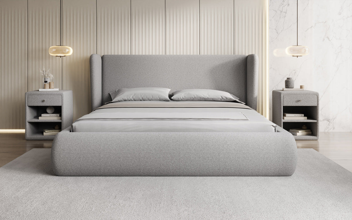 Designer gestoffeerd bed Rosalie in Teddystof Bouclé met opbergruimte