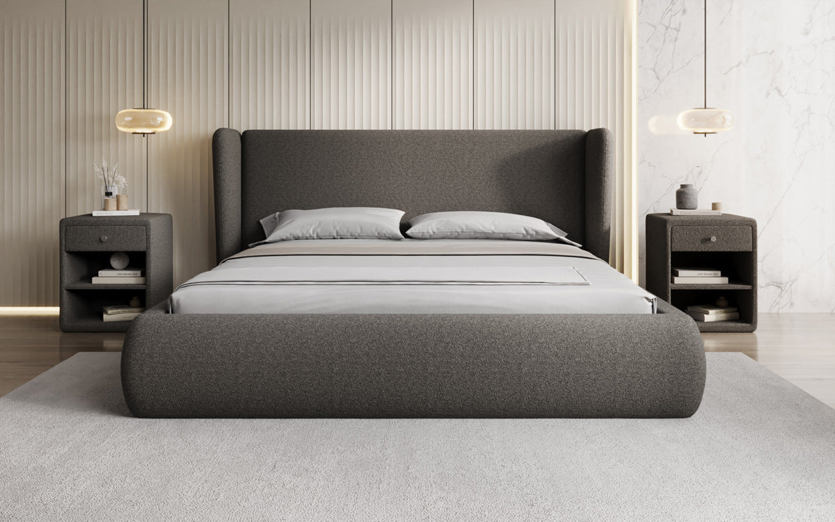 Designer gestoffeerd bed Rosalie in Teddystof Bouclé met opbergruimte