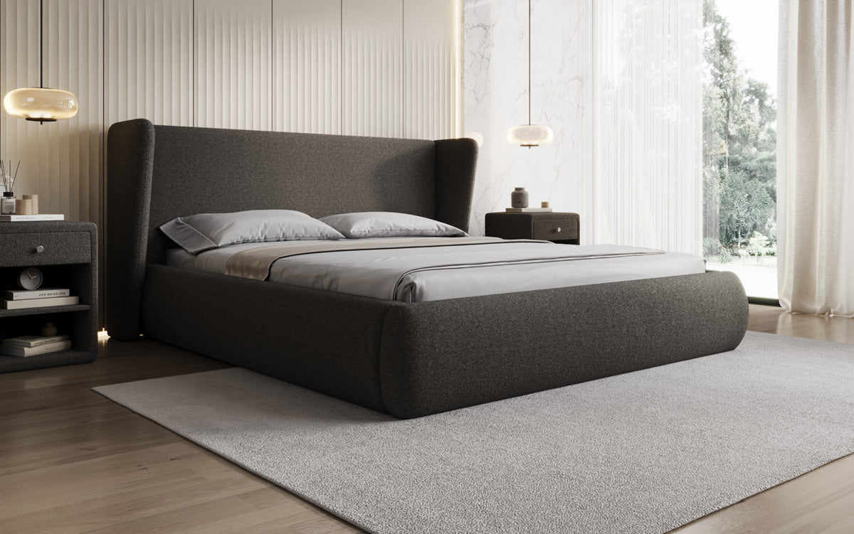 Designer gestoffeerd bed Rosalie in Teddystof Bouclé met opbergruimte