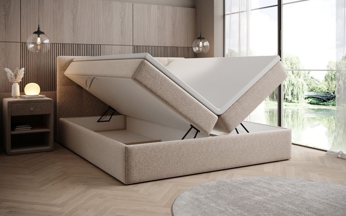 Lit boxspring Lux en tissu texturé avec espace de rangement