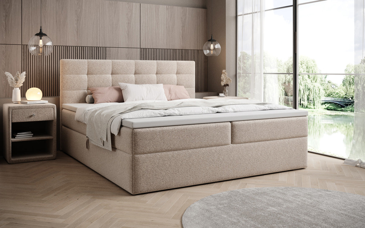 Lit boxspring Lux en tissu texturé avec espace de rangement