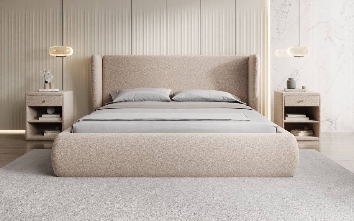 Designer gestoffeerd bed Rosalie in structuurstof met opbergruimte