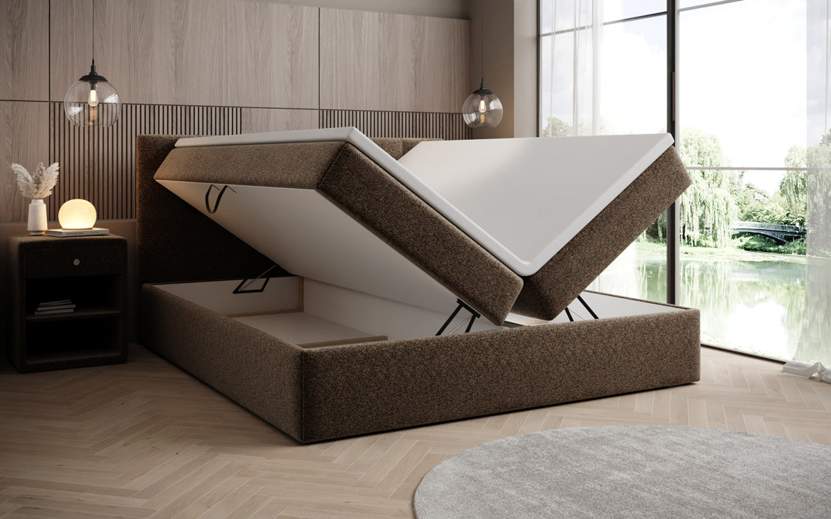 Lit boxspring Lux en tissu texturé avec espace de rangement